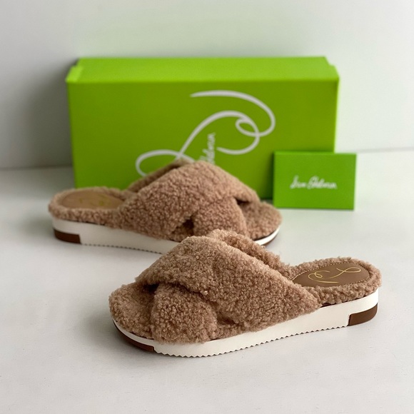 ✨New SAM EDELMAN Alice Faux Fur Slide Sandals Camel Shearling 7M - Picture 1 of 8